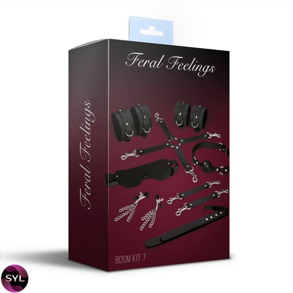 Набір Feral Feelings BDSM Kit 7 Black, наручники, поножі, конектор, маска, падл, кляп, затискачі SO8276 SafeYourLove