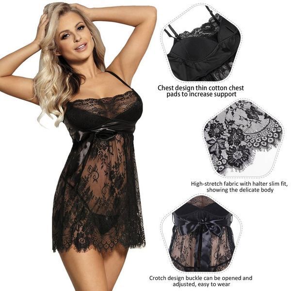 Peniuar Star Night z koronki prześwitującej z paskiem i stringami, Black