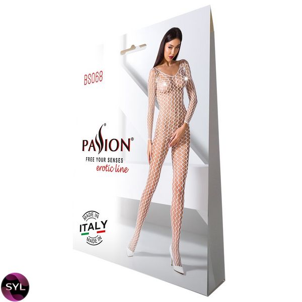 Бодістокінг Passion BS068 white, комбінезон, велика сітка, довгий рукав PBS068W SafeYourLove