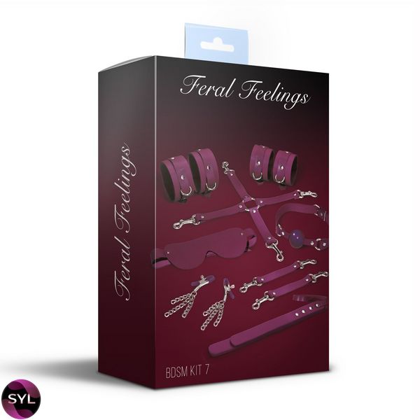 Набір Feral Feelings BDSM Kit 7 Burgundy, наручники, поножі, конектор, маска, падл, кляп, затискачі SO8278 SafeYourLove