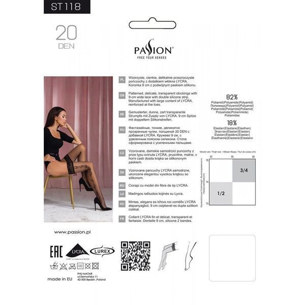 Stockings Passion ST118, on an openwork silicone elastic band, with a side vertical pattern, Black, 1/2