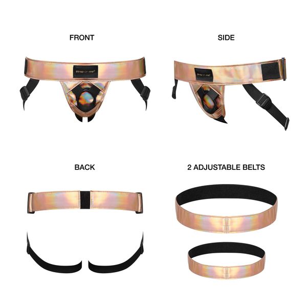 Труси для страпона Strap-On-Me Leatherette Harness Curious Holographic Rose Gold SO7812 SafeYourLove