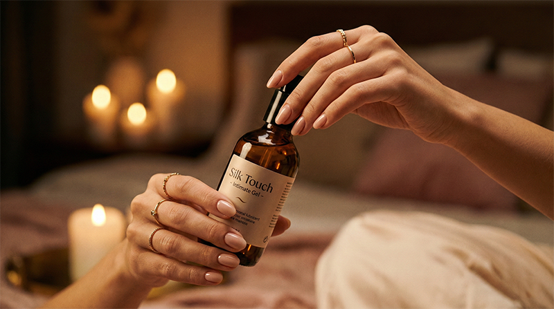 інтимний гель-лубрикант у флаконі в руках, атмосфера романтичного вечора